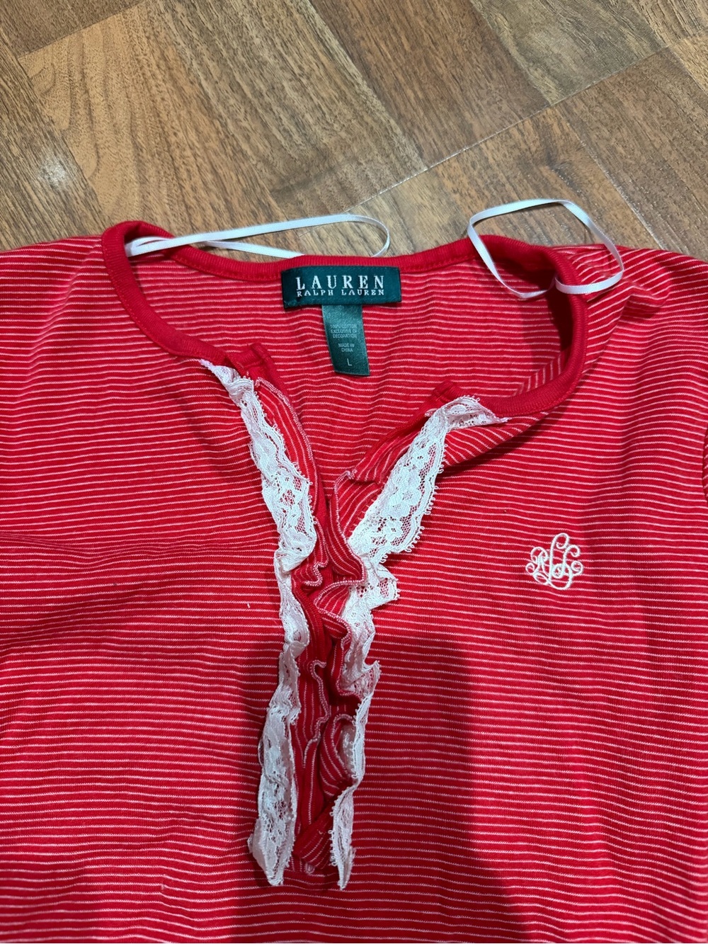 Lauren Ralph Lauren Red & White Striped Lace-Trim Pajama Top